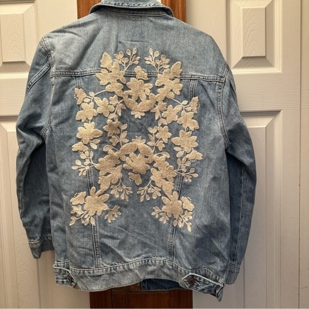 Lucky Brand Blue Denim Jacket with Cream Floral Embroidery